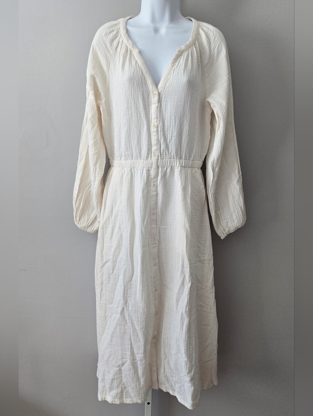 Pact Cream Button-Front Long Sleeve Midi Dress with Elastic Waist